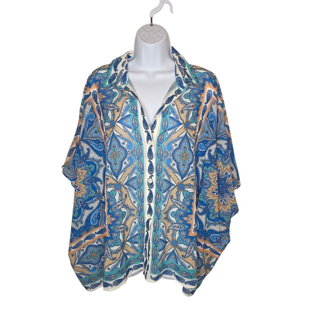 Flying Tomato XL Paisley Tile Print Kimono Top Chiffon Button Down Top